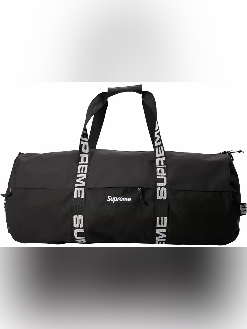 Supreme Black Duffel Bag with White Logo Webbing